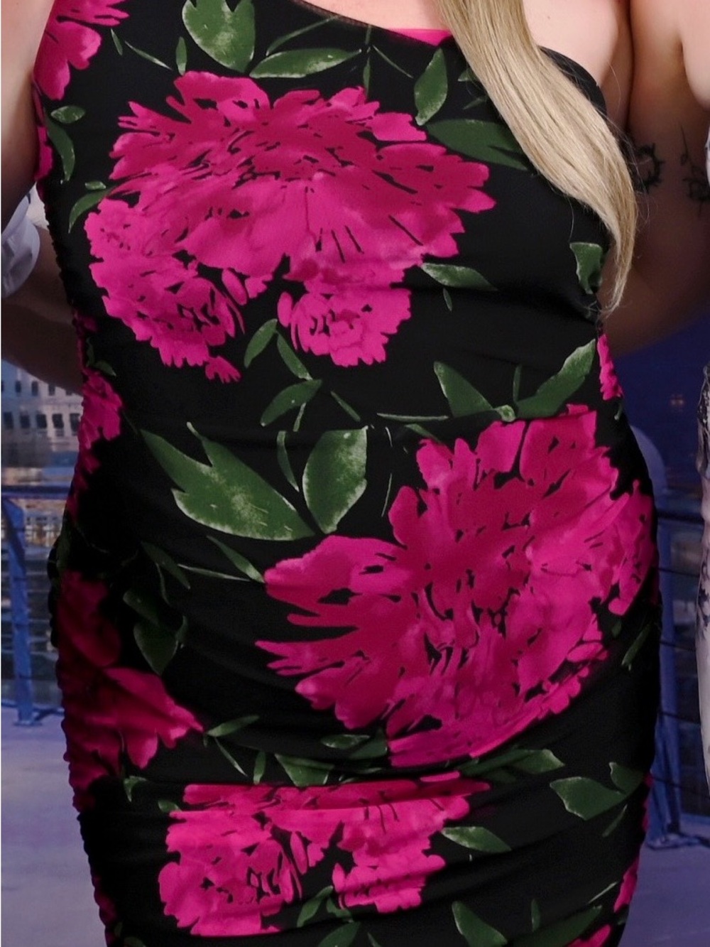 Fashion Nova Black Pink Floral One-Shoulder Ruched Midi Dress